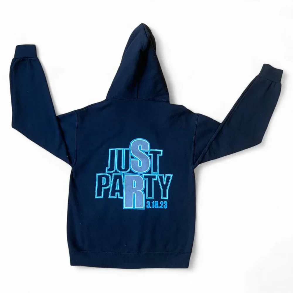 Jerzees NuBlend “JUST PARTY” Graphic Hoodie – Navy Blue, Size S - Picture 5 of 9